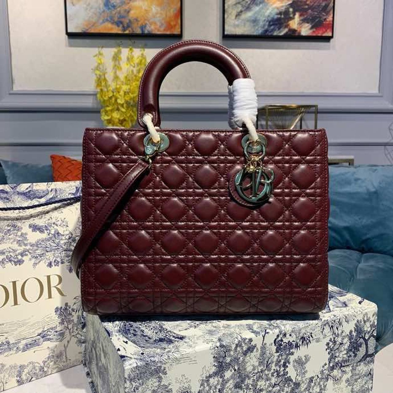 Top Quality Large Lady Bag Gold Toned Hardware Burgundy Cannage For Women 12.5in/32cm CD