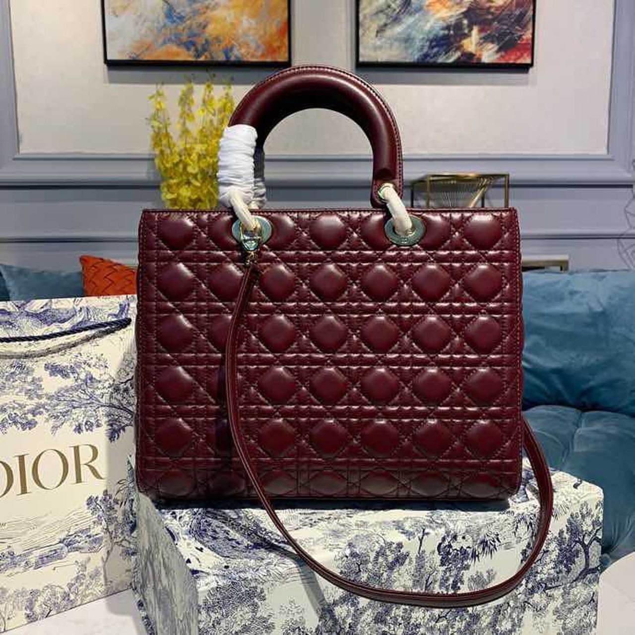 Top Quality Large Lady Bag Gold Toned Hardware Burgundy Cannage For Women 12.5in/32cm CD
