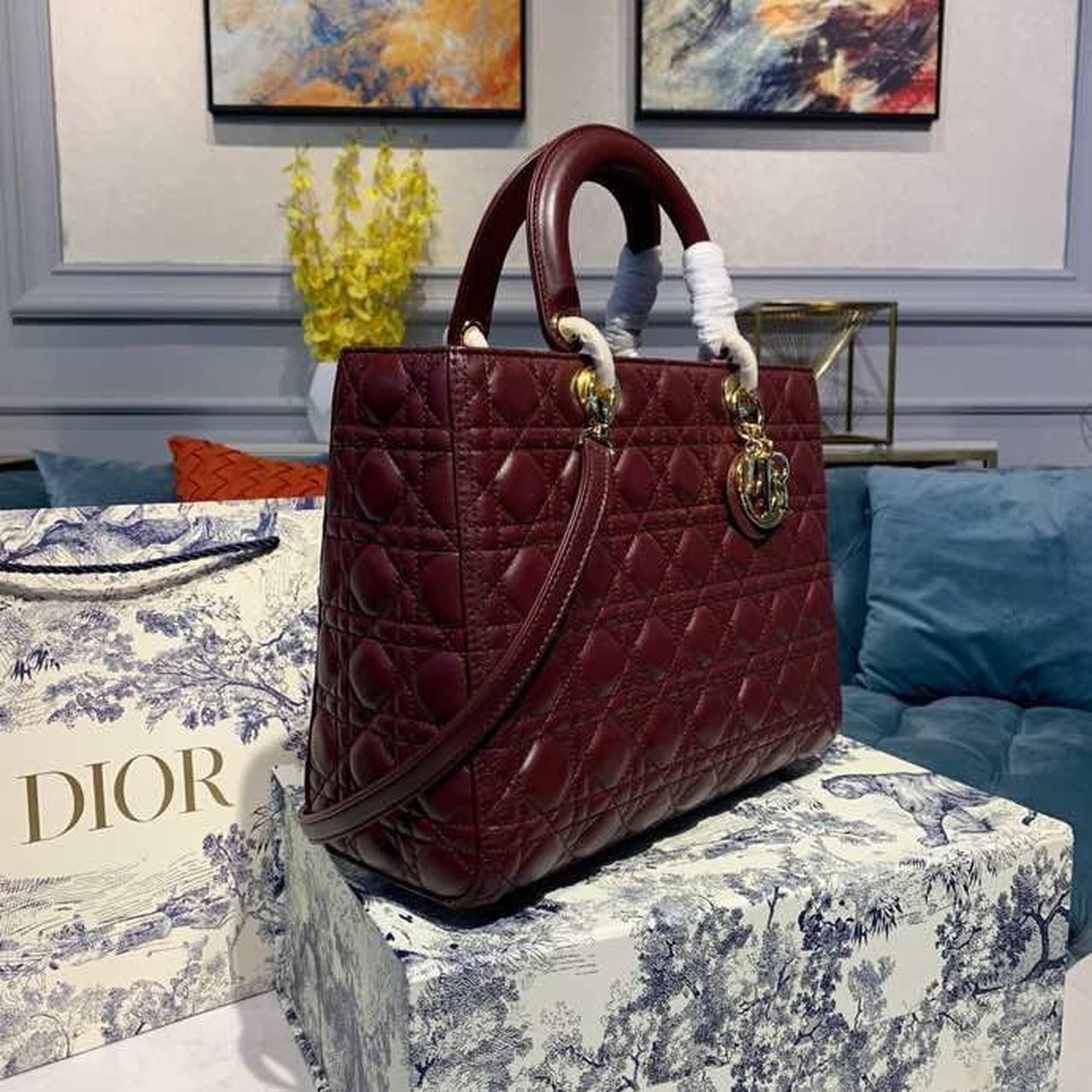 Top Quality Large Lady Bag Gold Toned Hardware Burgundy Cannage For Women 12.5in/32cm CD