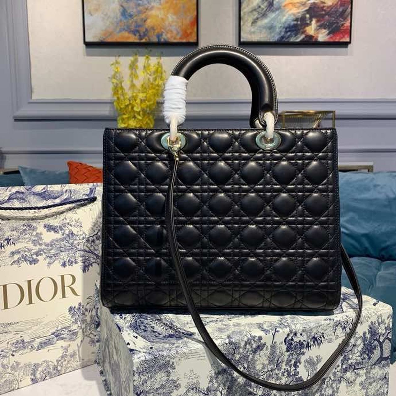 Top Quality Large Lady Bag Gold Toned Hardware Black Cannage For Women 12.5in/32cm CD