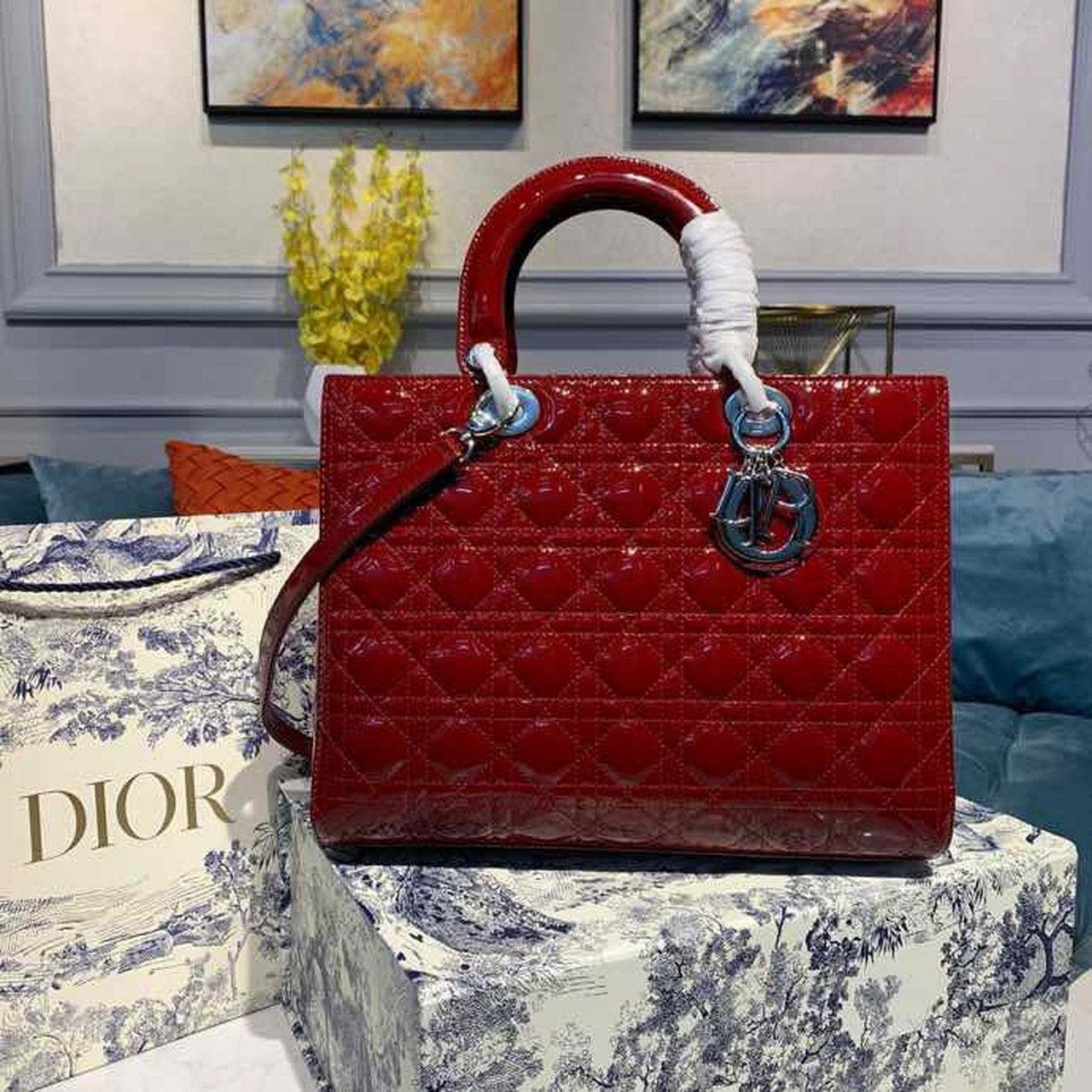 Top Quality Large Lady Bag Silver Hardware Cherry Red Patent For Women 12.5in/32cm CD