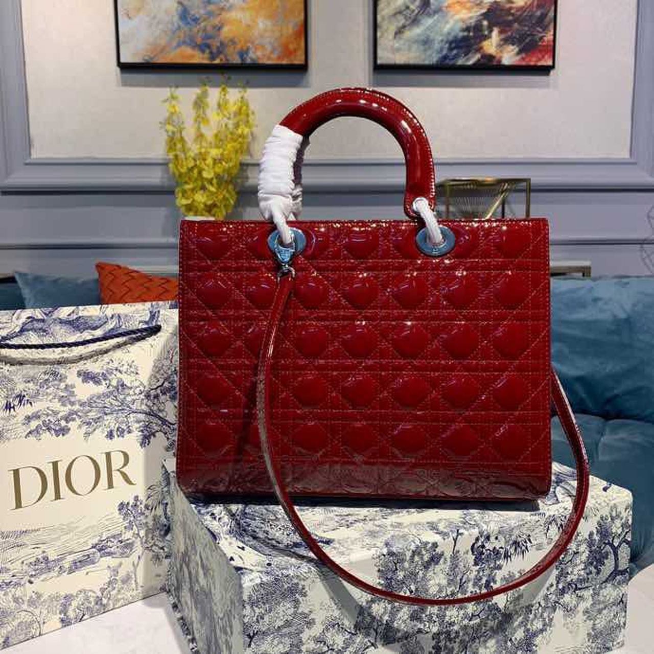 Top Quality Large Lady Bag Silver Hardware Cherry Red Patent For Women 12.5in/32cm CD