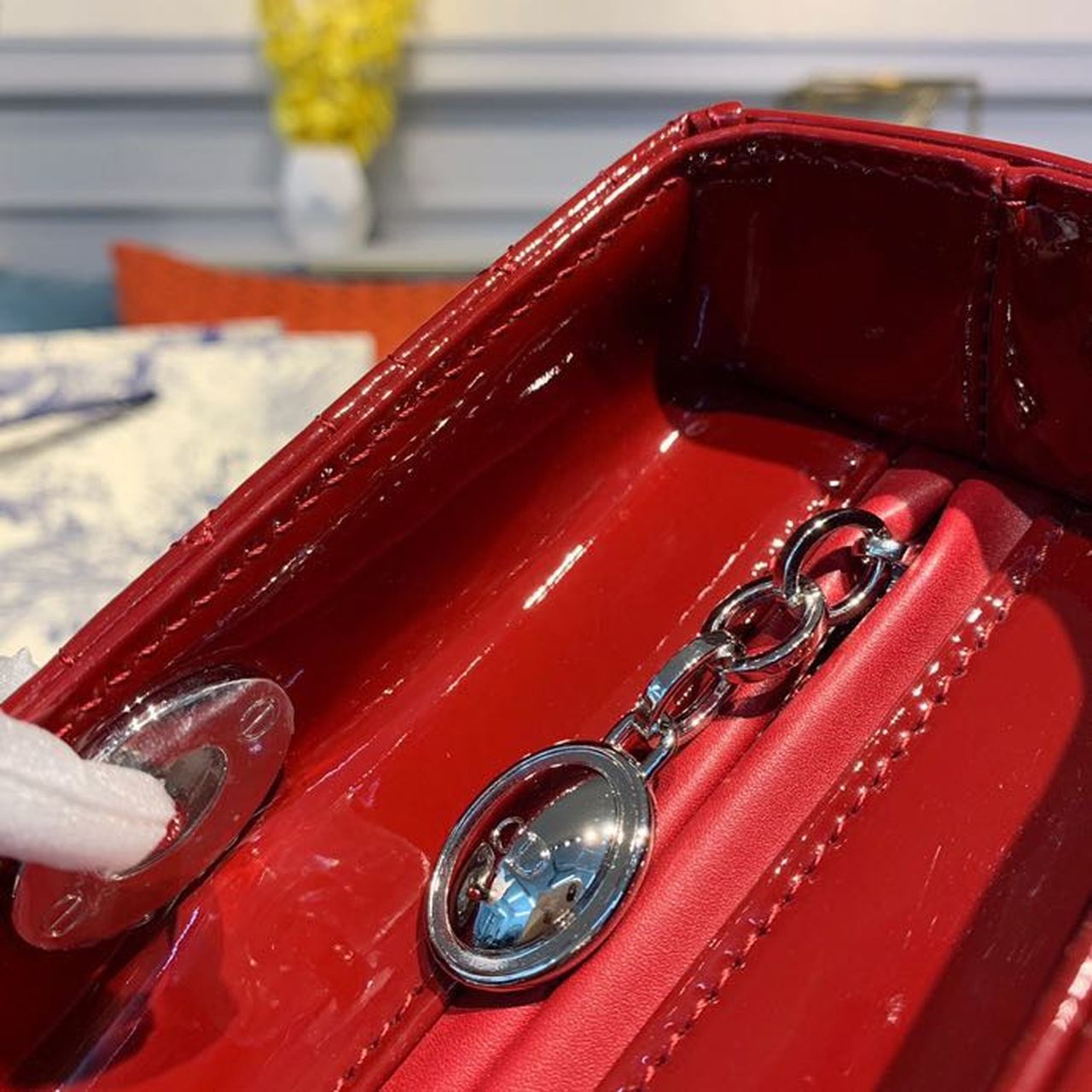 Top Quality Large Lady Bag Silver Hardware Cherry Red Patent For Women 12.5in/32cm CD