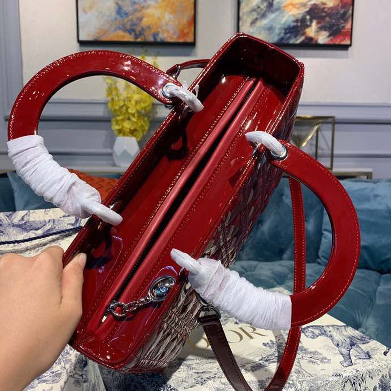 Top Quality Large Lady Bag Silver Hardware Cherry Red Patent For Women 12.5in/32cm CD