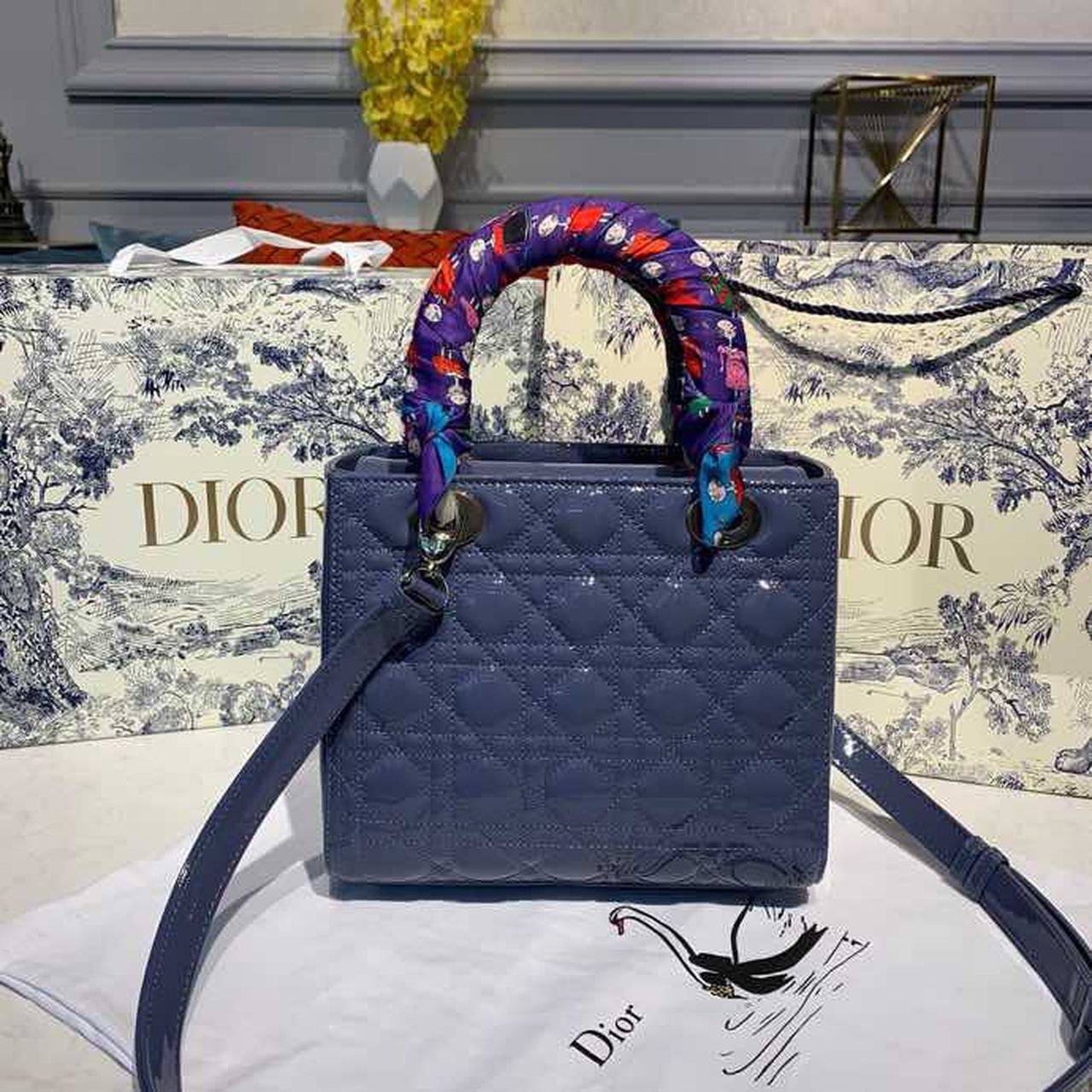 Top Quality MeTop Qualityum Lady Bag SiTop Qualityer Hardware Deep Blue Patent For Women 9.5in/24cm CD