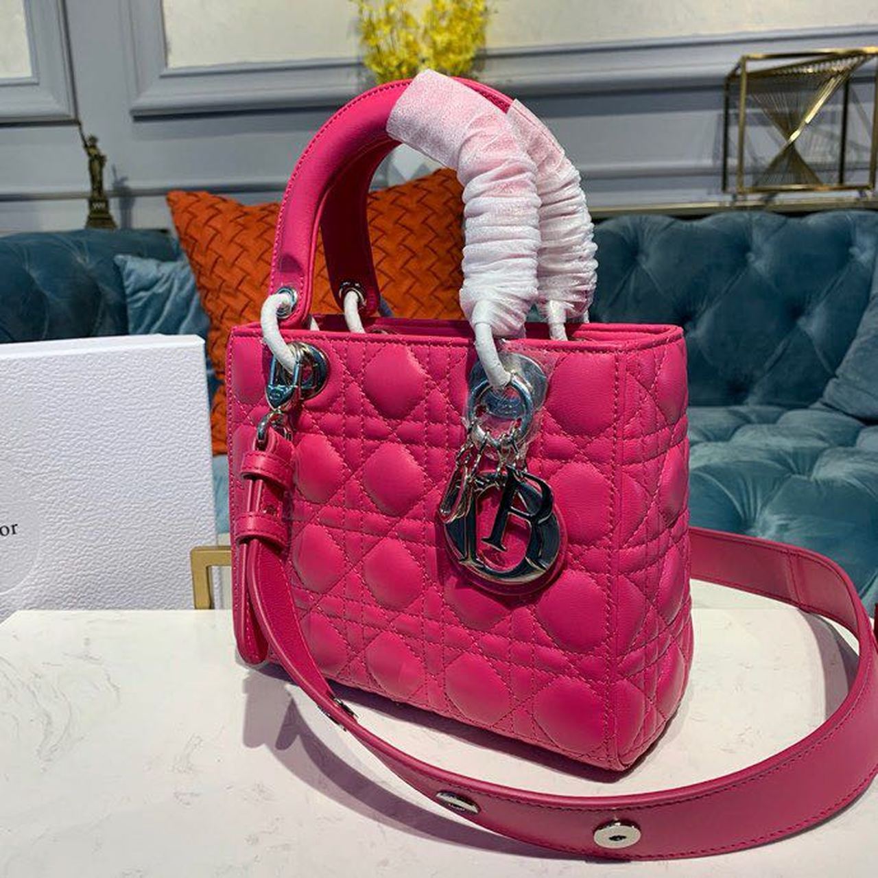 Top Quality MeTop Qualityum Lady Bag Silver Hardware Hot Pink For Women 9.5in/24cm CD