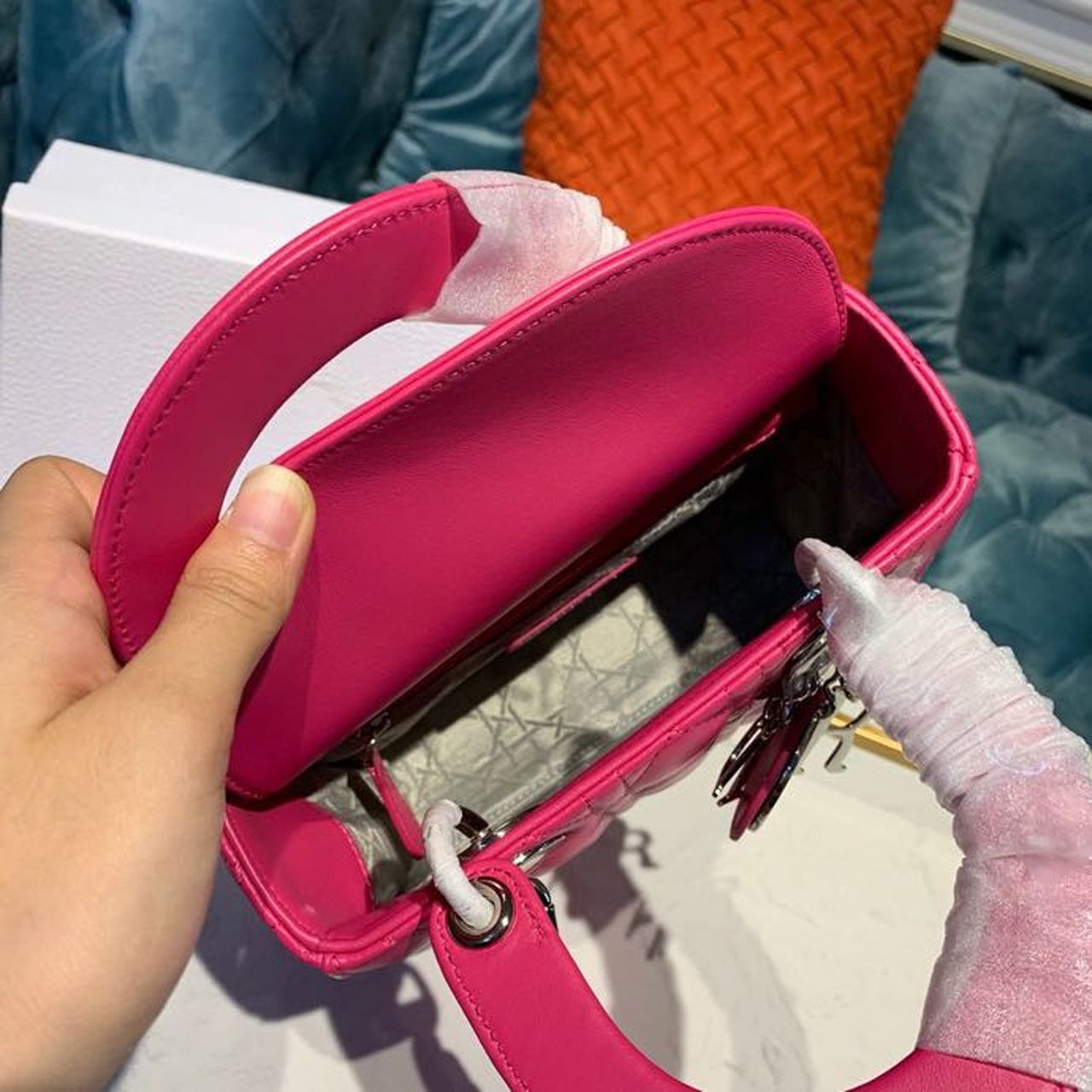 Top Quality MeTop Qualityum Lady Bag Silver Hardware Hot Pink For Women 9.5in/24cm CD