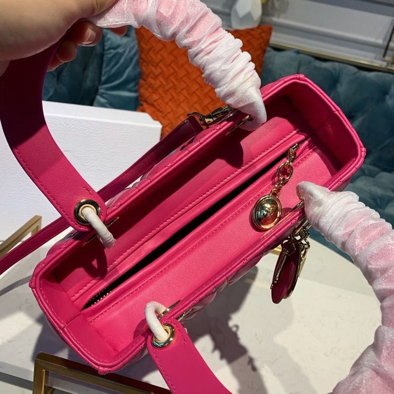 Top Quality MeTop Qualityum Lady Bag Gold Toned Hardware Hot Pink For Women 9.5in/24cm CD