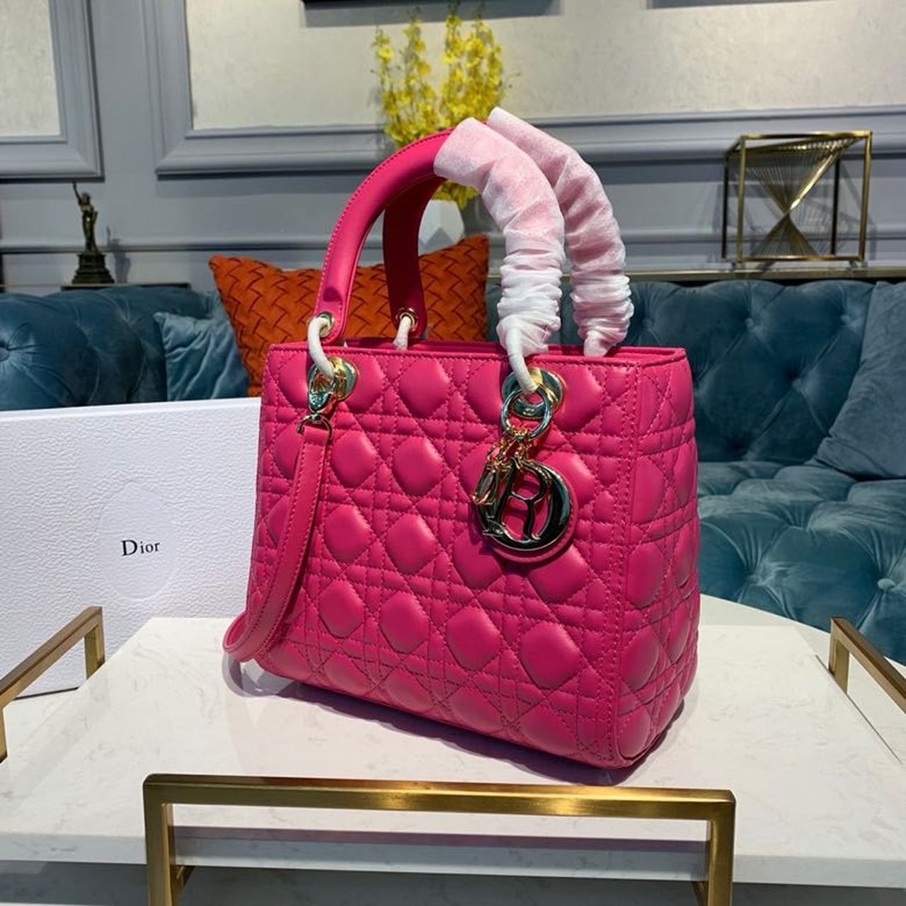 Top Quality MeTop Qualityum Lady Bag Gold Toned Hardware Hot Pink For Women 9.5in/24cm CD