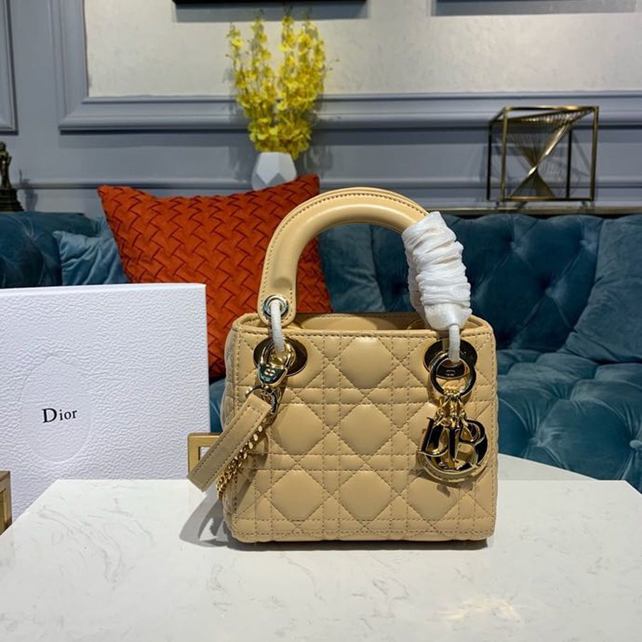 Top Quality Mini Lady Bag with Chain Gold Toned Hardware Pale Yellow For Women 6.5in/17cm CD