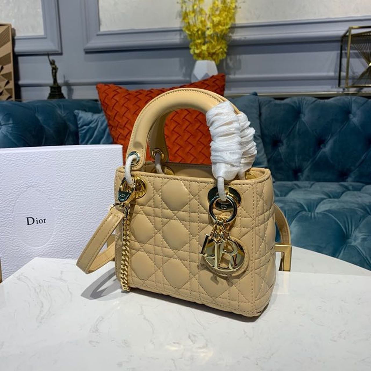 Top Quality Mini Lady Bag with Chain Gold Toned Hardware Pale Yellow For Women 6.5in/17cm CD