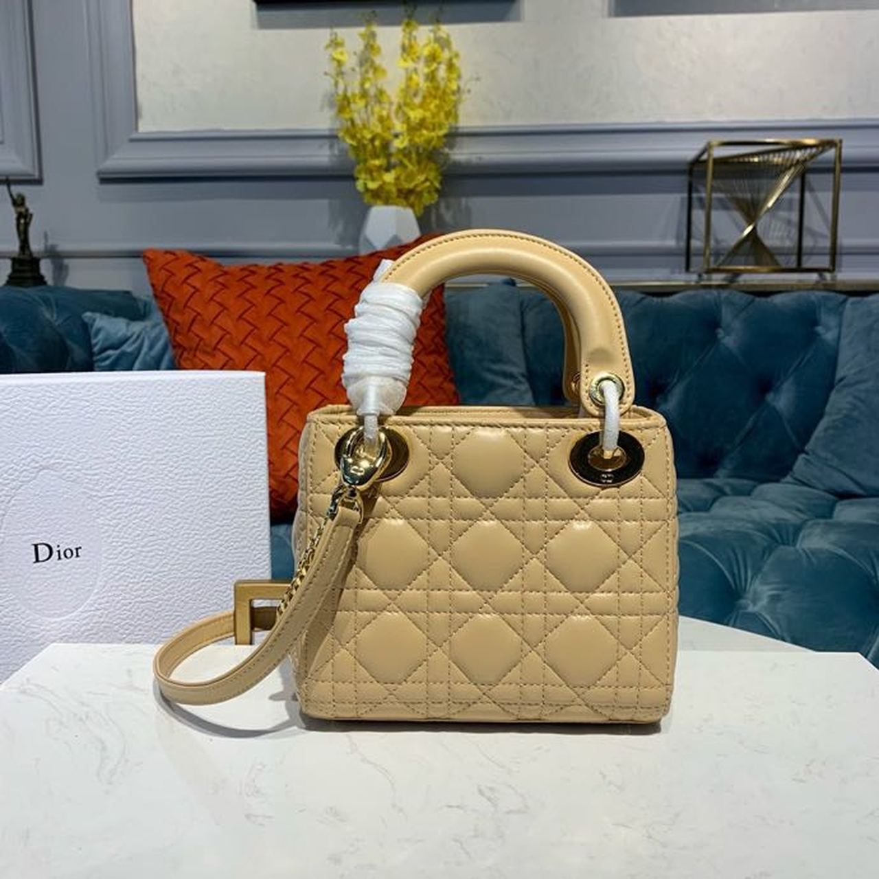 Top Quality Mini Lady Bag with Chain Gold Toned Hardware Pale Yellow For Women 6.5in/17cm CD