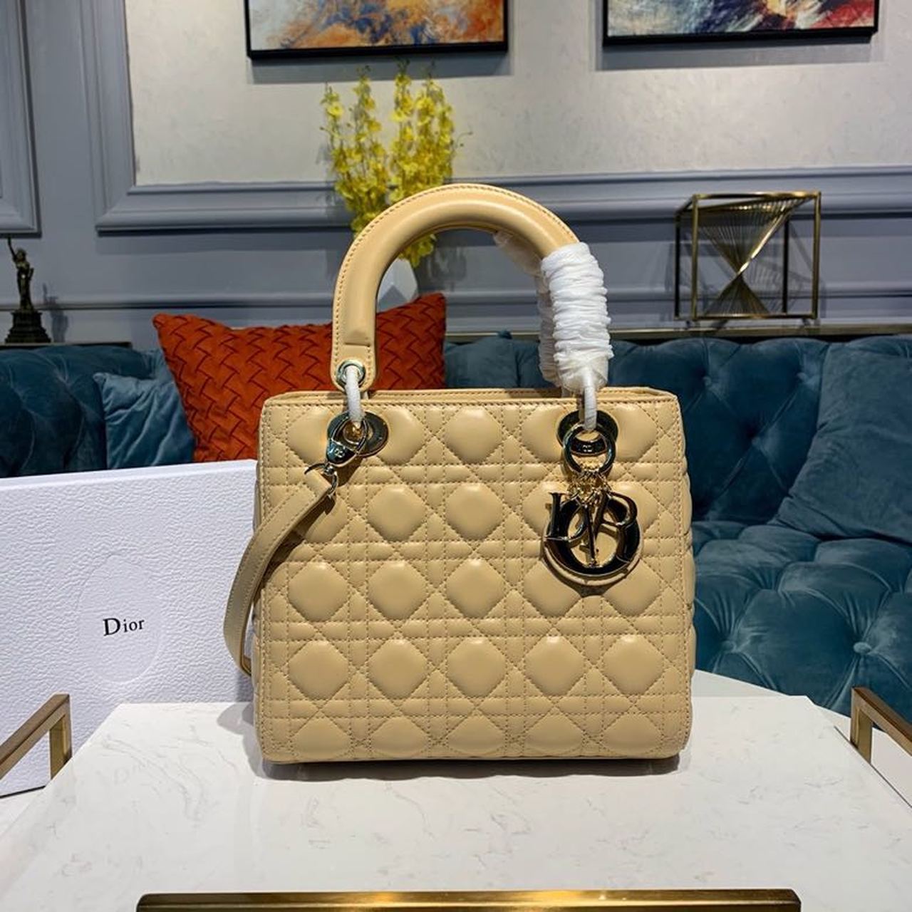 Top Quality MeTop Qualityum Lady Bag Gold Toned Hardware Pale Yellow For Women 9.5in/24cm CD