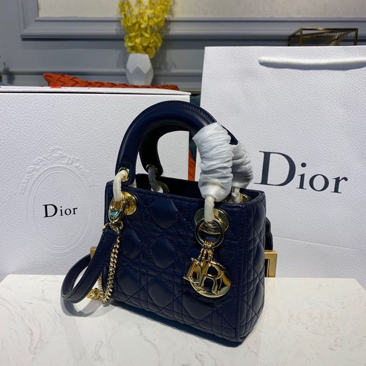Top Quality Mini Lady Bag with Chain Gold Toned Hardware Navy Blue For Women 6.5in/17cm CD