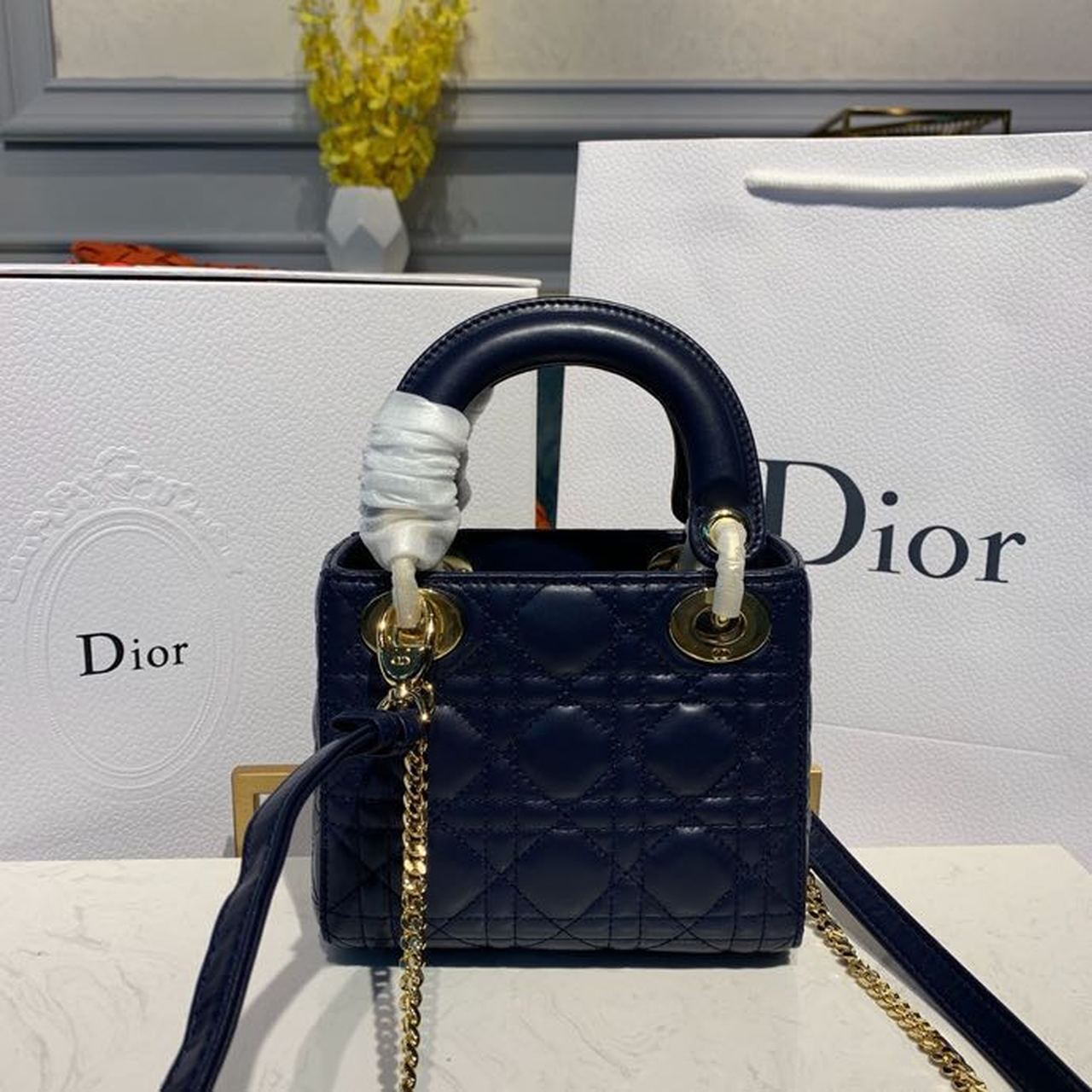 Top Quality Mini Lady Bag with Chain Gold Toned Hardware Navy Blue For Women 6.5in/17cm CD