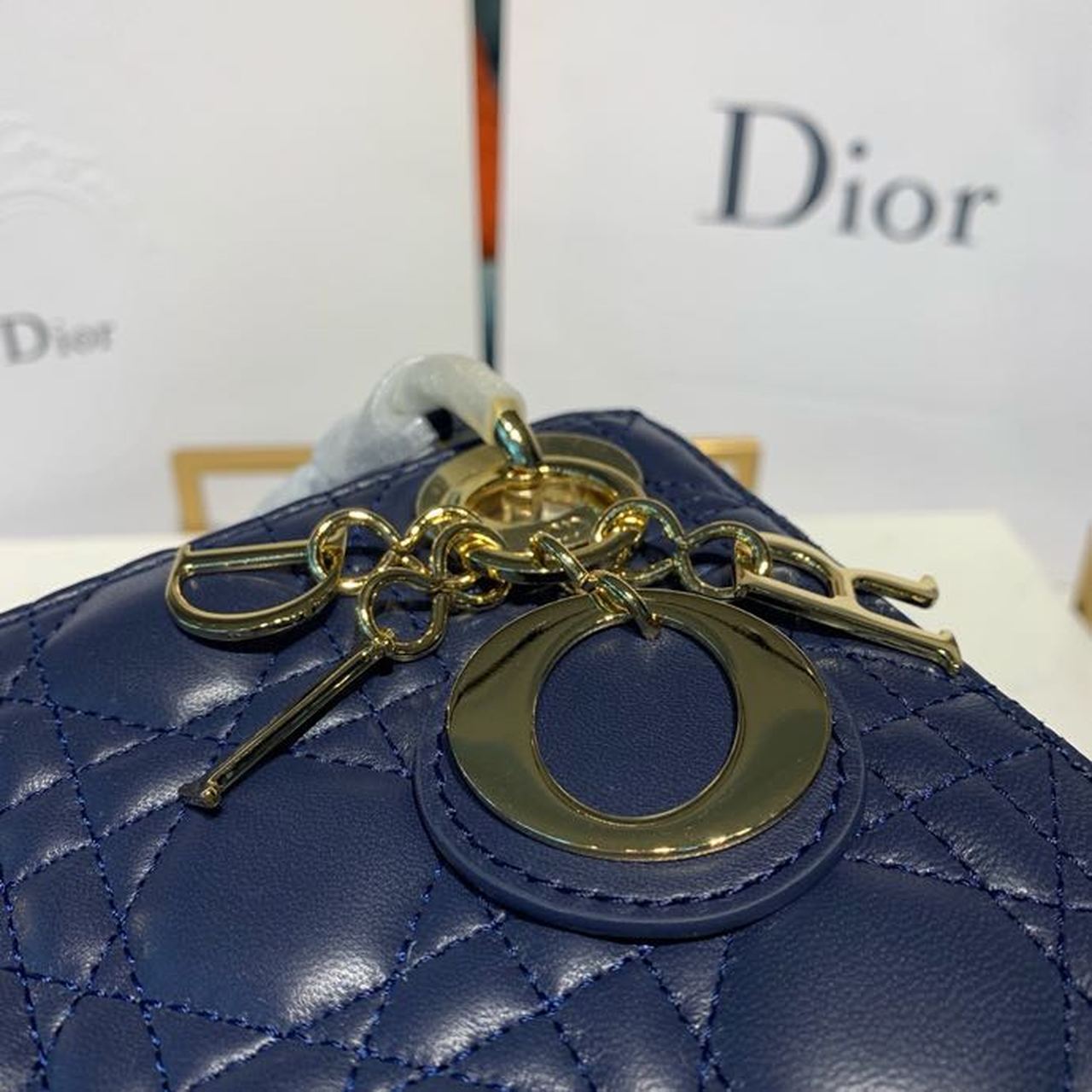 Top Quality Mini Lady Bag with Chain Gold Toned Hardware Navy Blue For Women 6.5in/17cm CD
