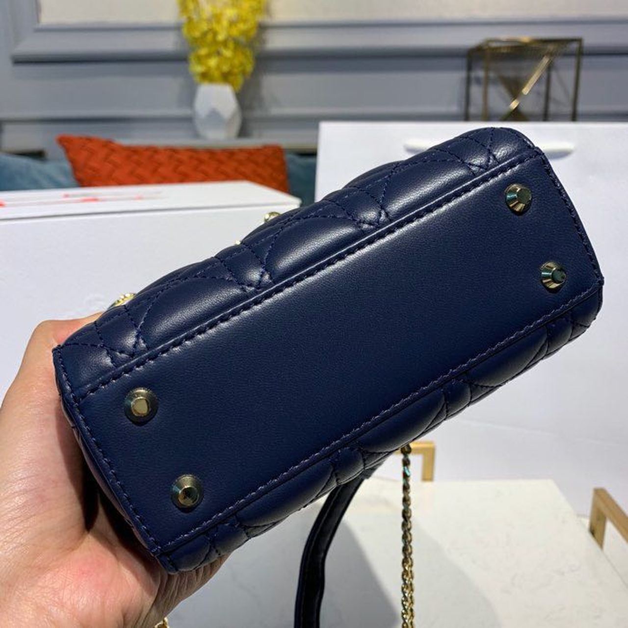 Top Quality Mini Lady Bag with Chain Gold Toned Hardware Navy Blue For Women 6.5in/17cm CD