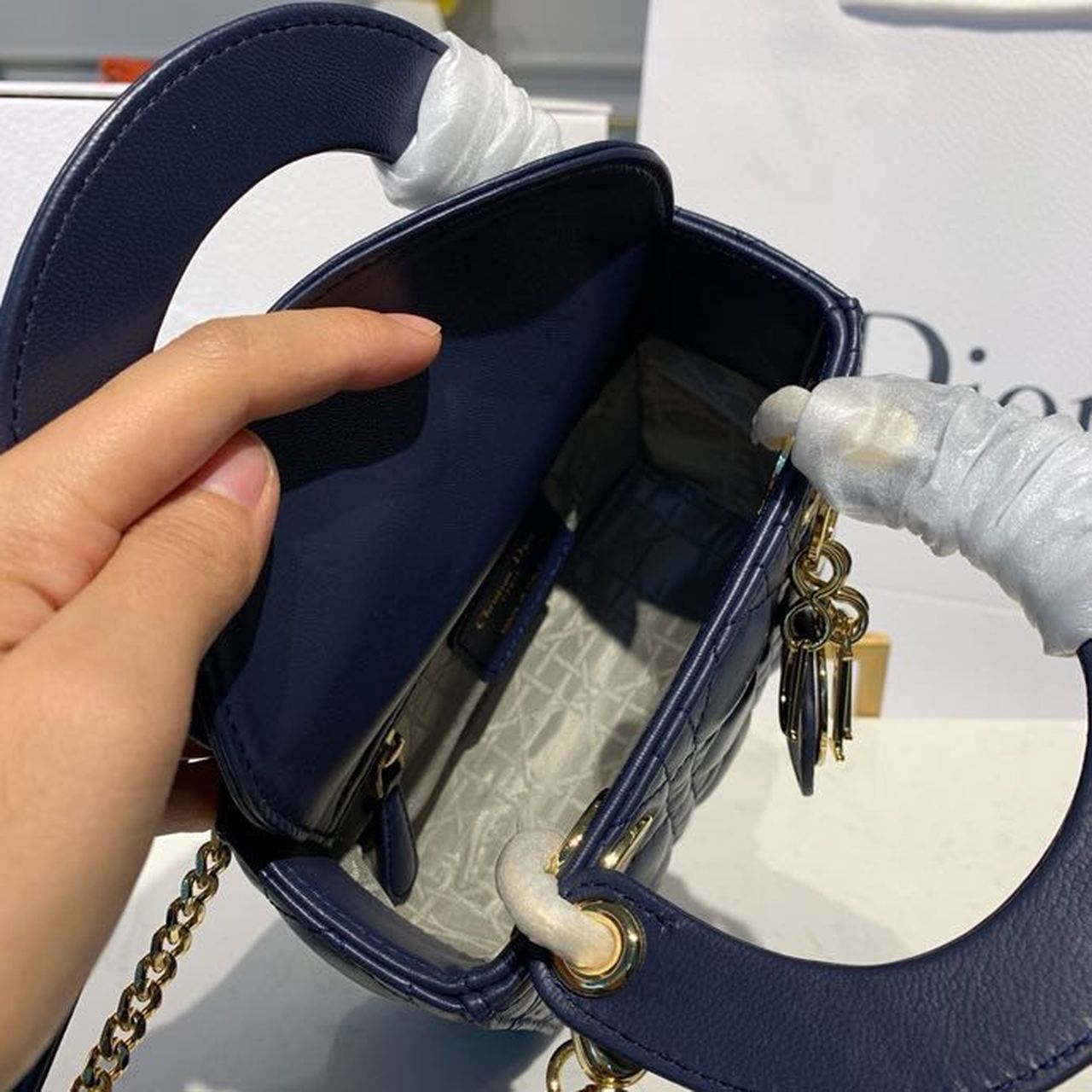 Top Quality Mini Lady Bag with Chain Gold Toned Hardware Navy Blue For Women 6.5in/17cm CD