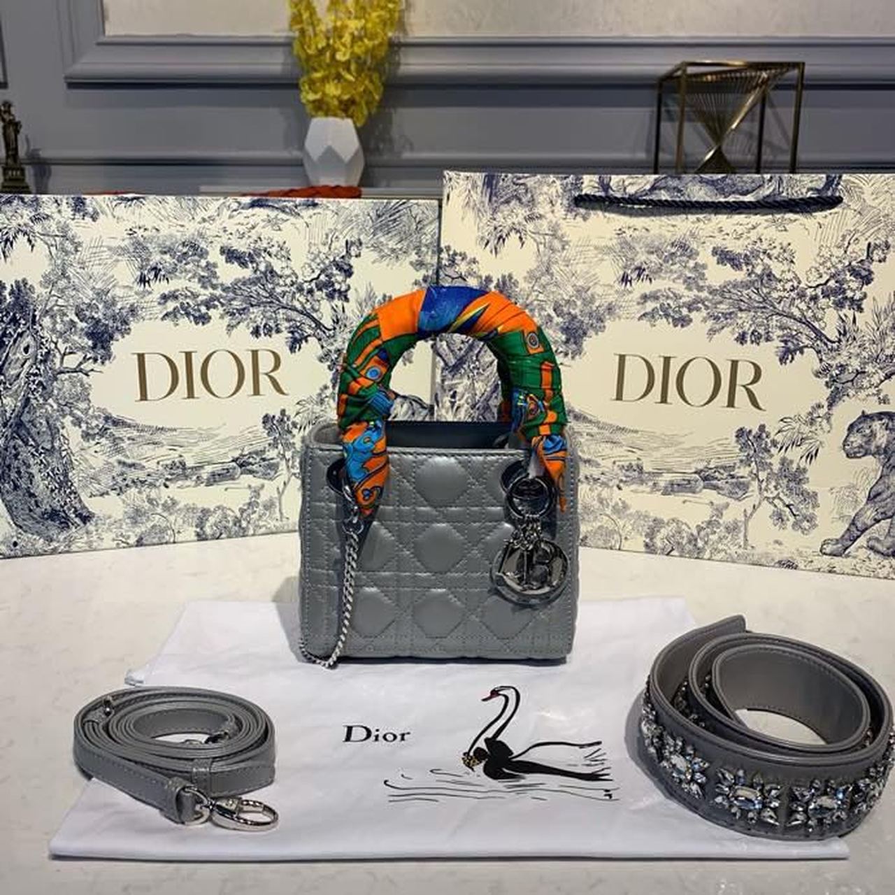 Top Quality Mini Lady Bag with Chain and Embellished Bag Strap Silver Hardware Spring/Summer Collection, Pearl Grey, For Women Womens Handbags, 18cm CD M0505OADU_M11G