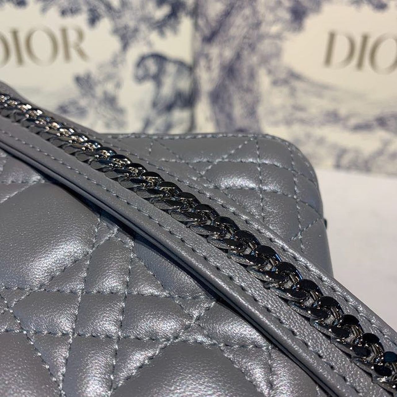 Top Quality Mini Lady Bag with Chain and Embellished Bag Strap Silver Hardware Spring/Summer Collection, Pearl Grey, For Women Womens Handbags, 18cm CD M0505OADU_M11G