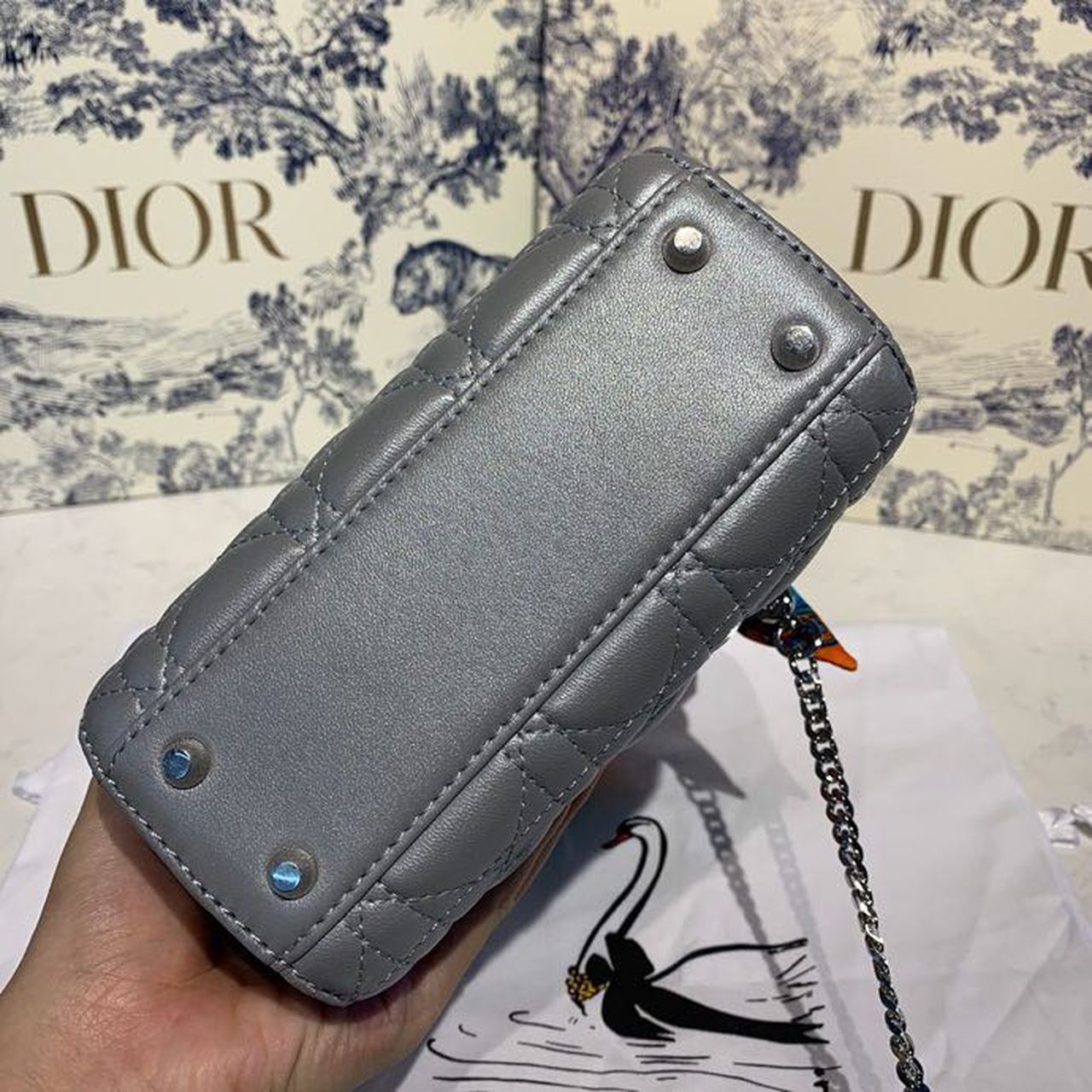 Top Quality Mini Lady Bag with Chain and Embellished Bag Strap Silver Hardware Spring/Summer Collection, Pearl Grey, For Women Womens Handbags, 18cm CD M0505OADU_M11G
