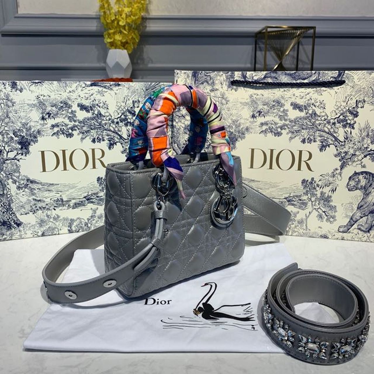 Top Quality Small Lady Bag Silver Hardware with Embellished Bag Strap Pearl Grey For Women 8in/20cm CD