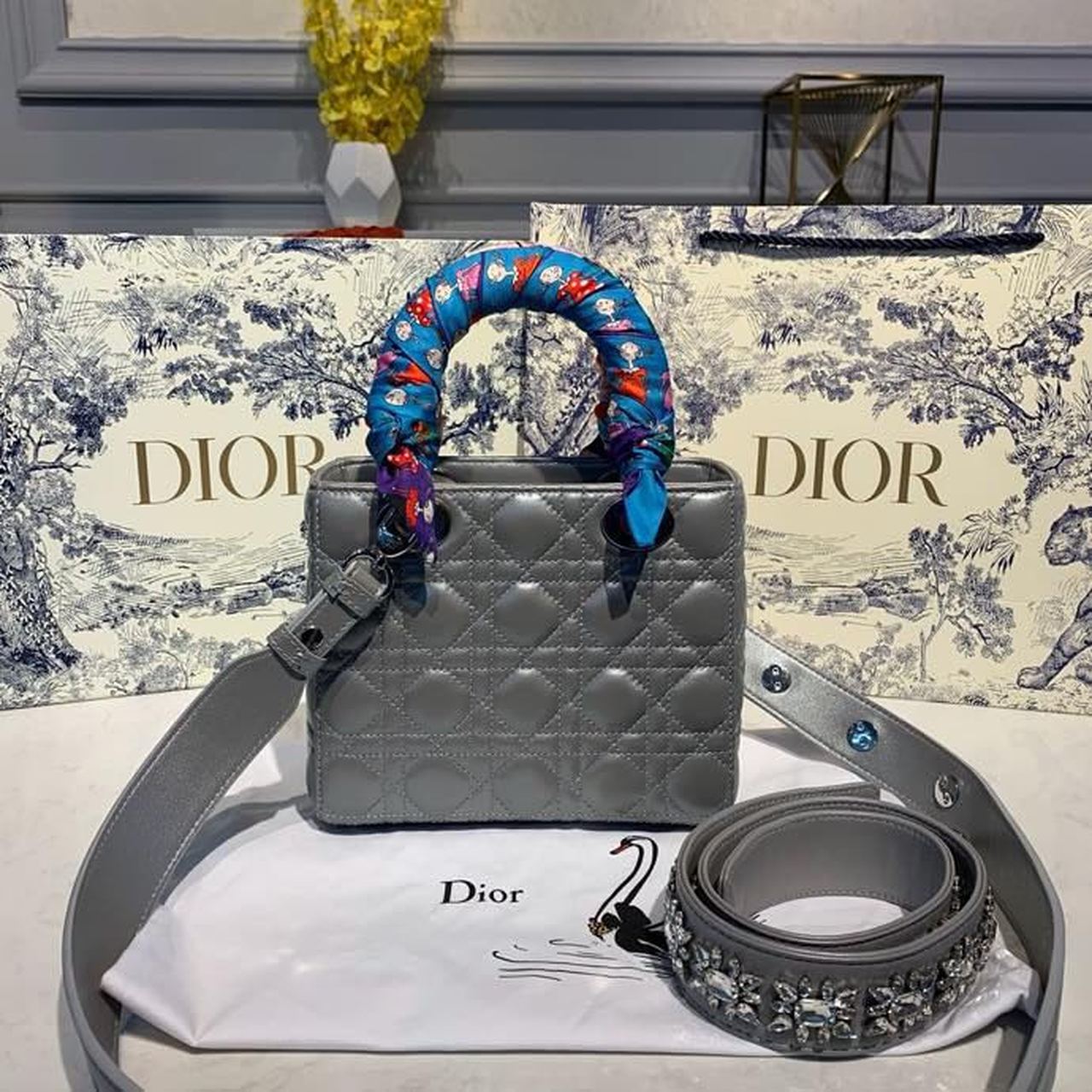 Top Quality Small Lady Bag Silver Hardware with Embellished Bag Strap Pearl Grey For Women 8in/20cm CD