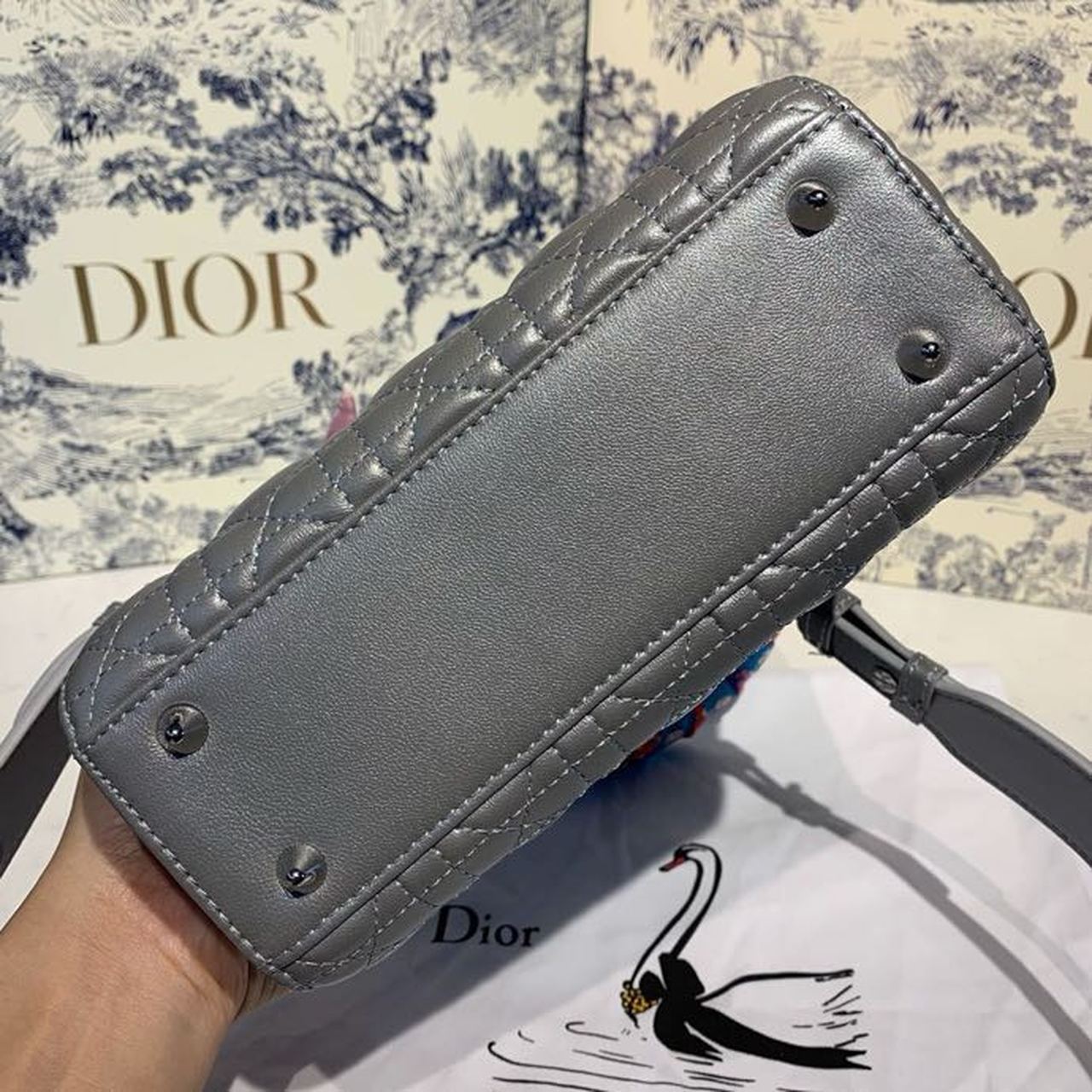 Top Quality Small Lady Bag Silver Hardware with Embellished Bag Strap Pearl Grey For Women 8in/20cm CD