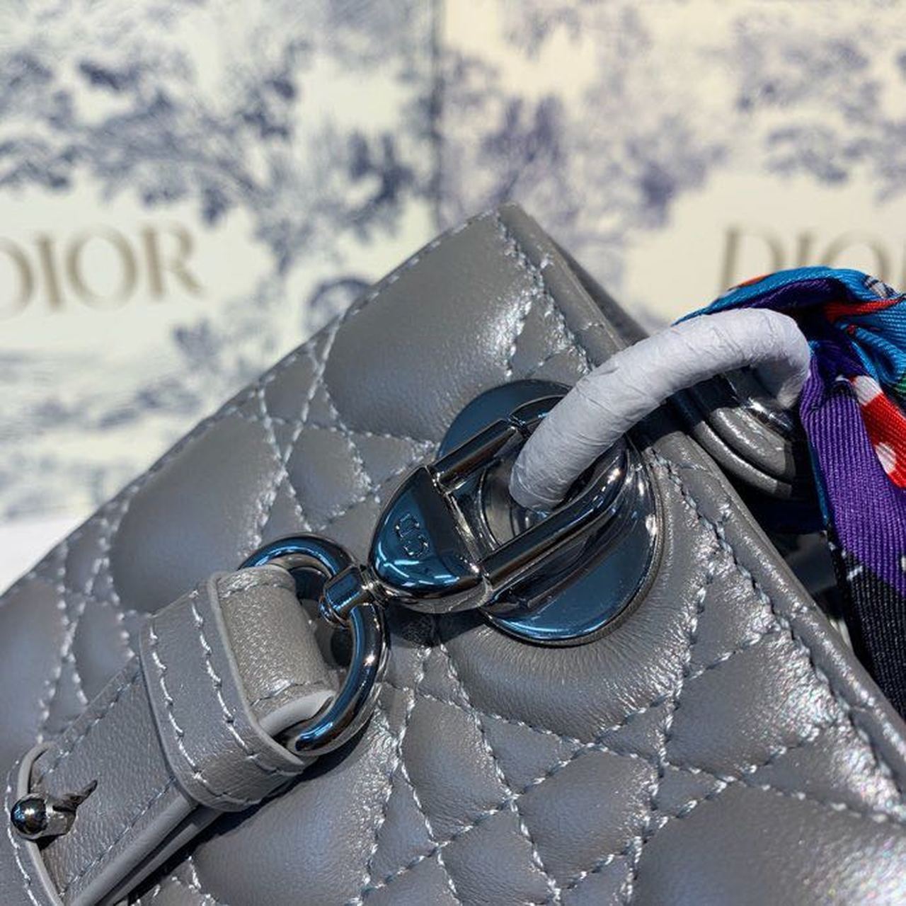 Top Quality Small Lady Bag Silver Hardware with Embellished Bag Strap Pearl Grey For Women 8in/20cm CD