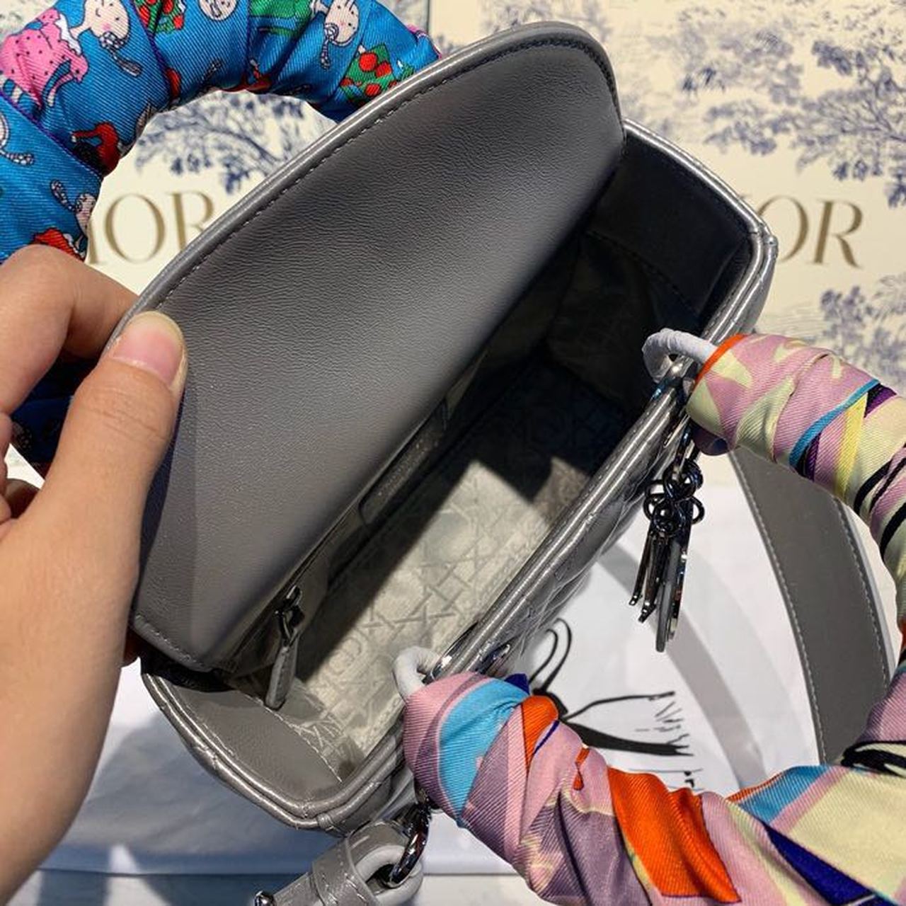 Top Quality Small Lady Bag Silver Hardware with Embellished Bag Strap Pearl Grey For Women 8in/20cm CD