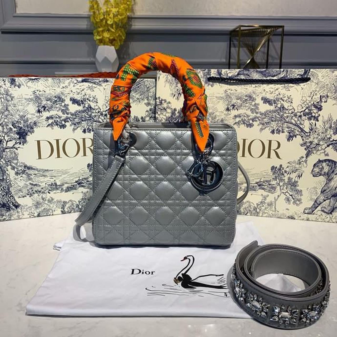 Top Quality MeTop Qualityum Lady Bag Silver Hardware with Embellished Bag Strap Pearl Grey For Women 9.5in/24cm CD