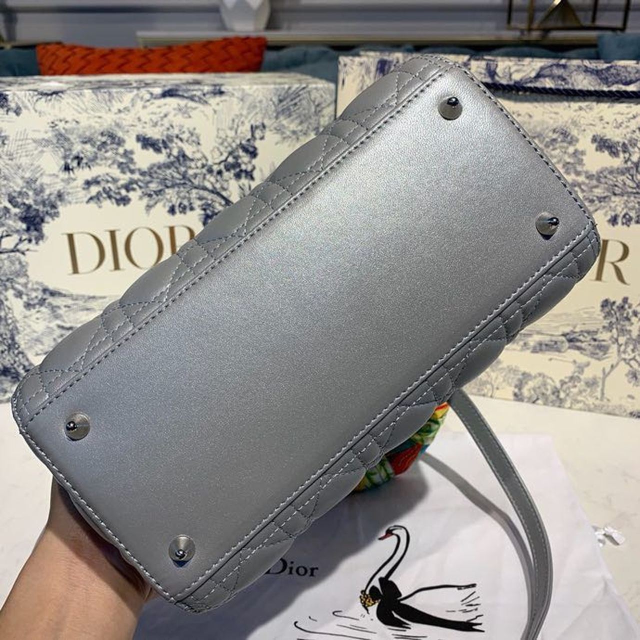 Top Quality MeTop Qualityum Lady Bag Silver Hardware with Embellished Bag Strap Pearl Grey For Women 9.5in/24cm CD