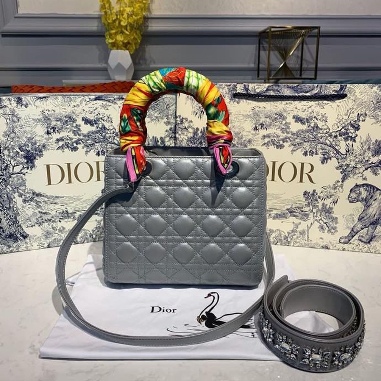Top Quality MeTop Qualityum Lady Bag Silver Hardware with Embellished Bag Strap Pearl Grey For Women 9.5in/24cm CD