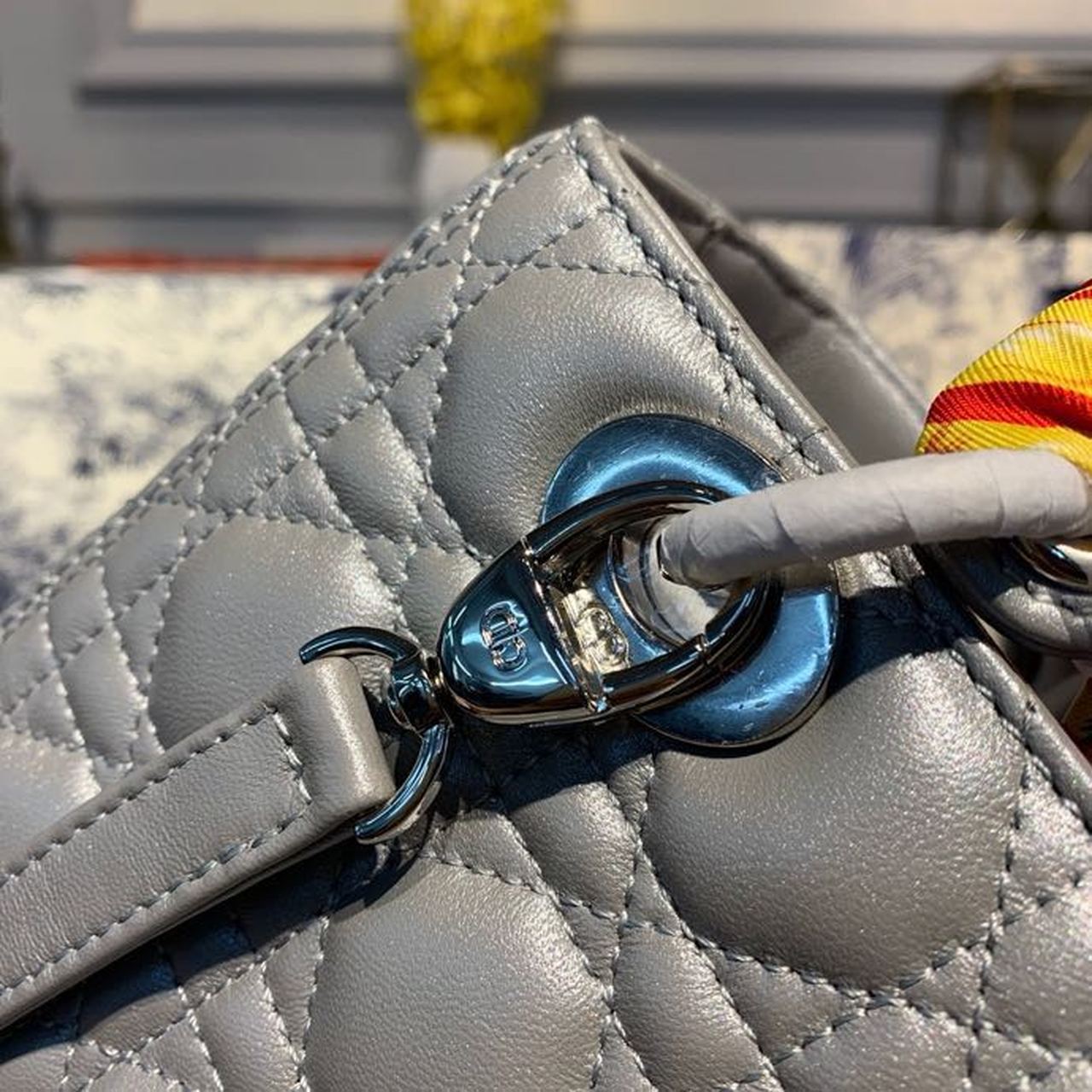 Top Quality MeTop Qualityum Lady Bag Silver Hardware with Embellished Bag Strap Pearl Grey For Women 9.5in/24cm CD