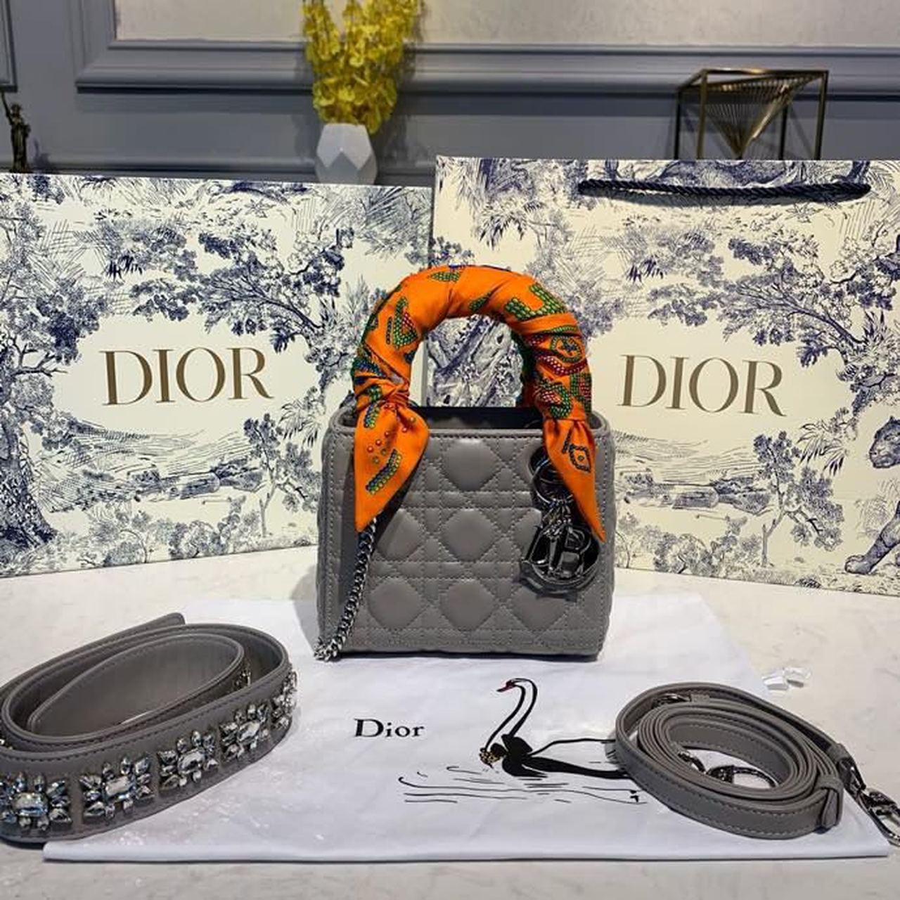 Top Quality Mini Lady Bag with Chain and Embellished Bag Strap Silver Hardware Spring/Summer Collection, Grey, For Women Womens Handbags, 18cm CD