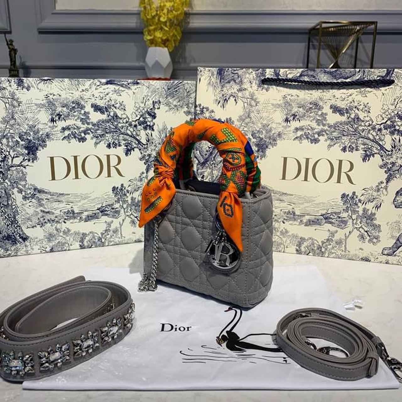 Top Quality Mini Lady Bag with Chain and Embellished Bag Strap Silver Hardware Spring/Summer Collection, Grey, For Women Womens Handbags, 18cm CD