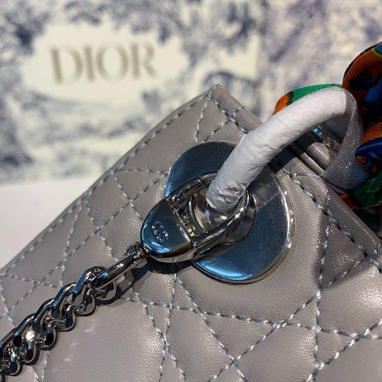 Top Quality Mini Lady Bag with Chain and Embellished Bag Strap Silver Hardware Spring/Summer Collection, Grey, For Women Womens Handbags, 18cm CD