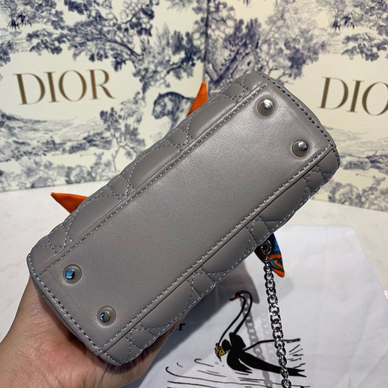 Top Quality Mini Lady Bag with Chain and Embellished Bag Strap Silver Hardware Spring/Summer Collection, Grey, For Women Womens Handbags, 18cm CD