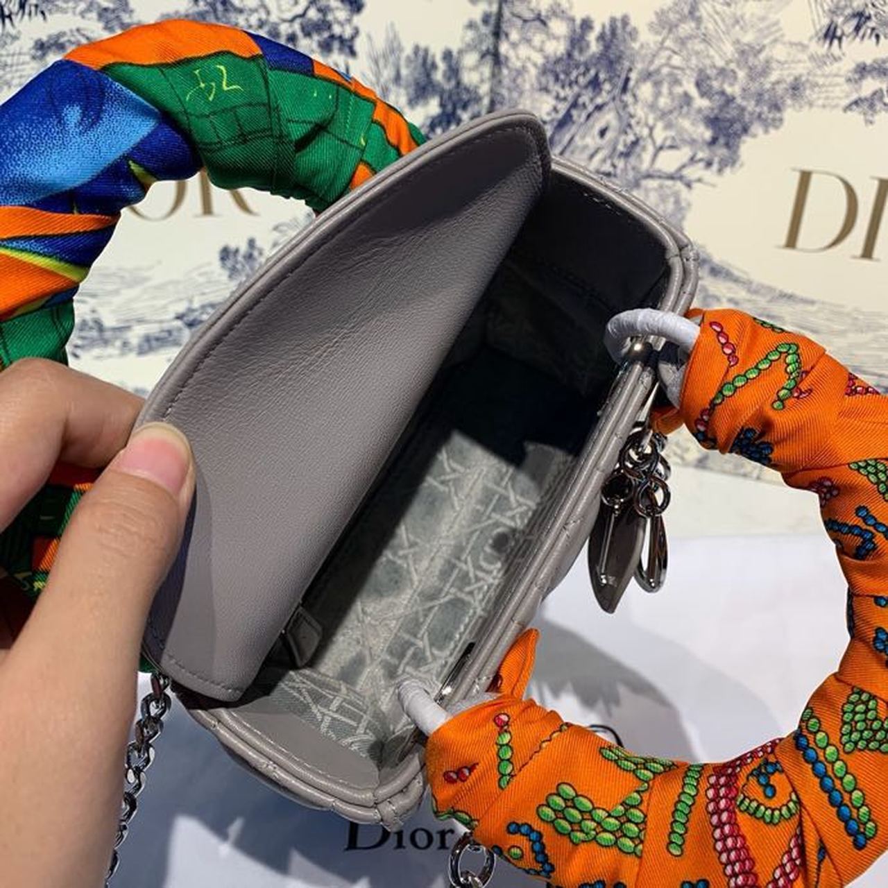 Top Quality Mini Lady Bag with Chain and Embellished Bag Strap Silver Hardware Spring/Summer Collection, Grey, For Women Womens Handbags, 18cm CD