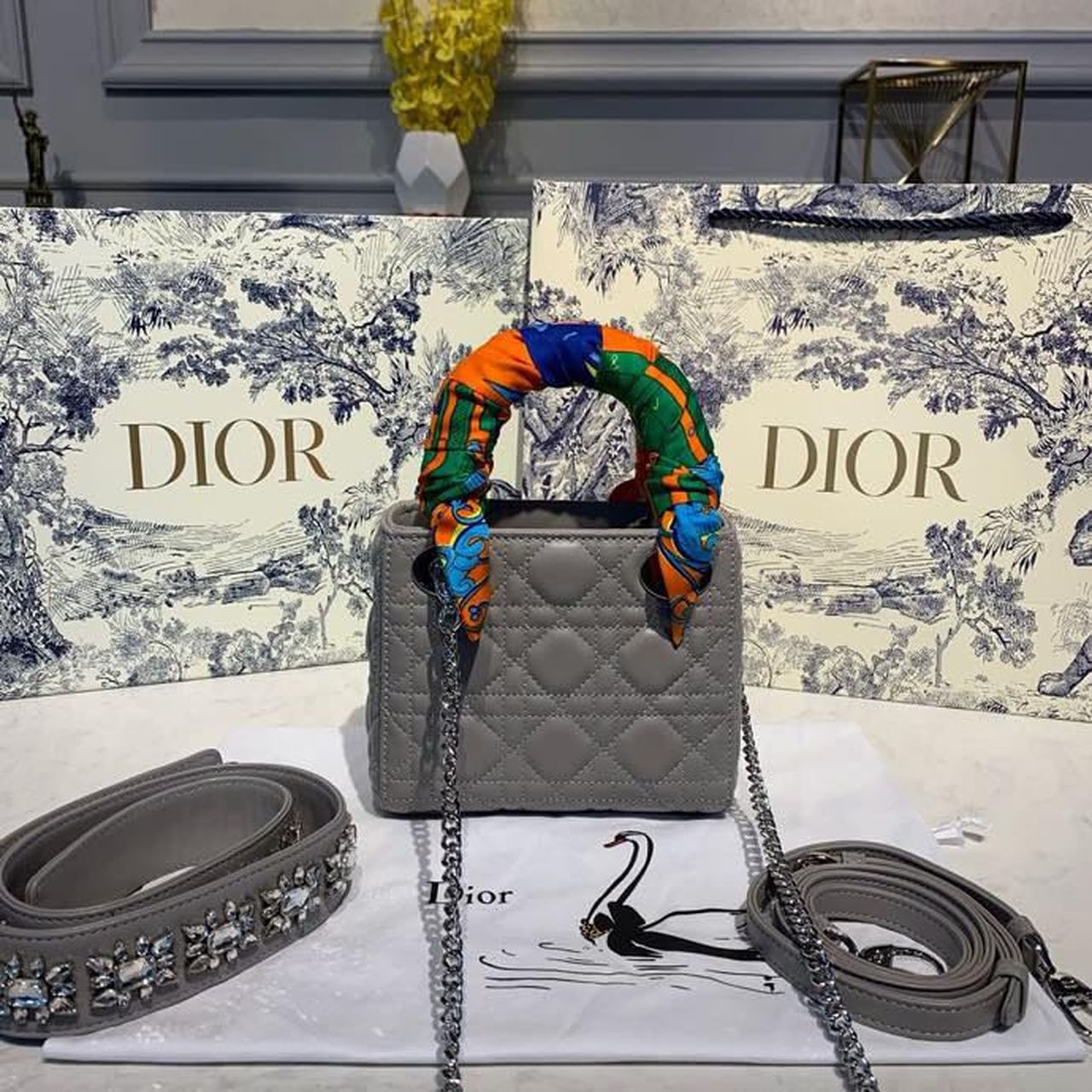 Top Quality Mini Lady Bag with Chain and Embellished Bag Strap Silver Hardware Spring/Summer Collection, Grey, For Women Womens Handbags, 18cm CD