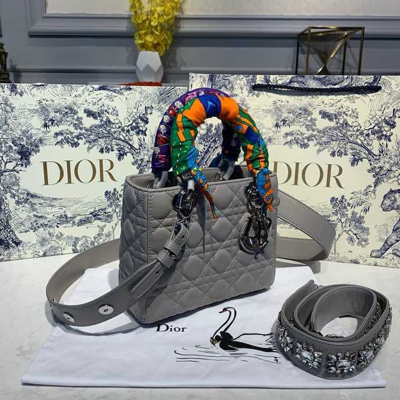 Top Quality Small Lady Bag Silver Hardware with Embellished Bag Strap Grey For Women 8in/20cm CD