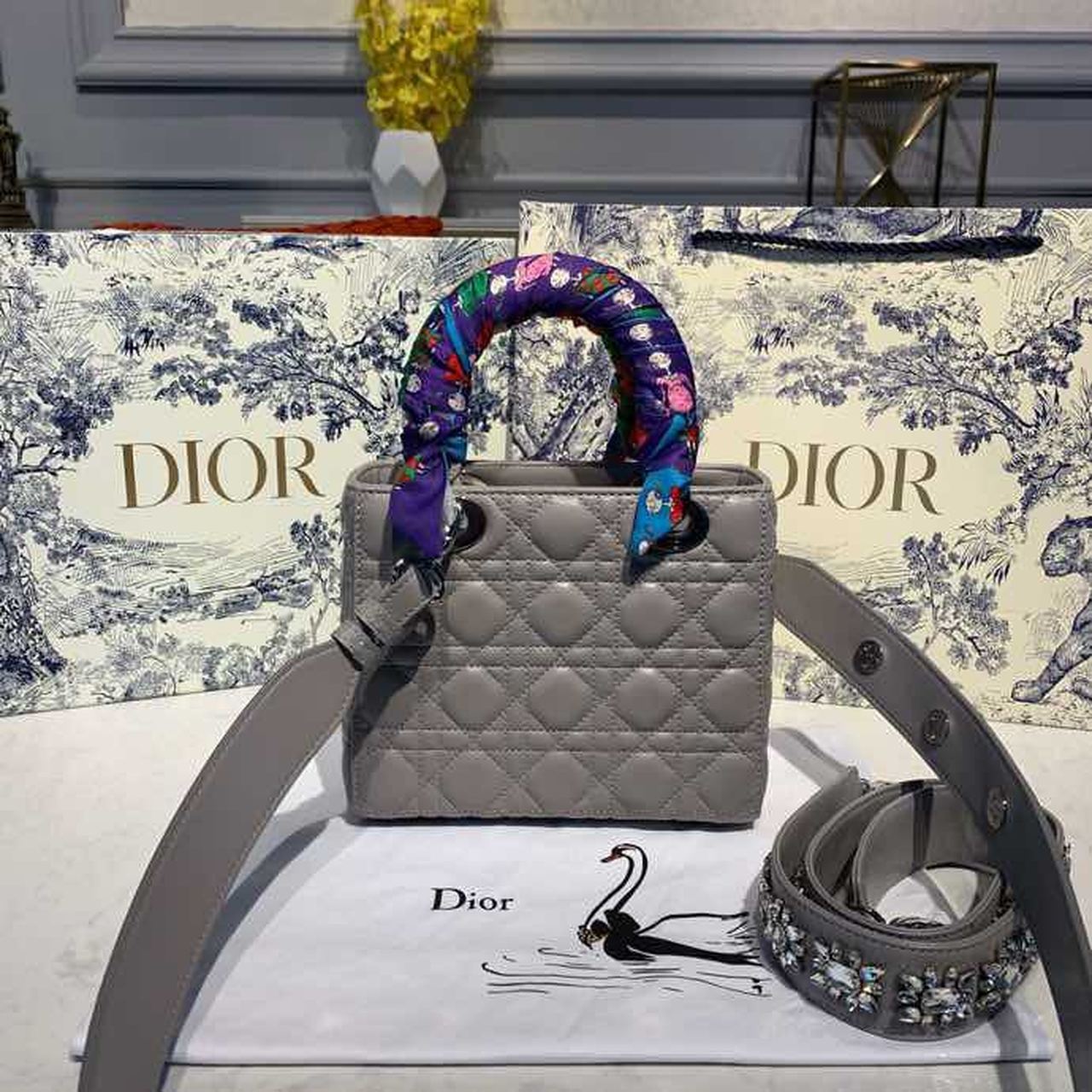 Top Quality Small Lady Bag Silver Hardware with Embellished Bag Strap Grey For Women 8in/20cm CD