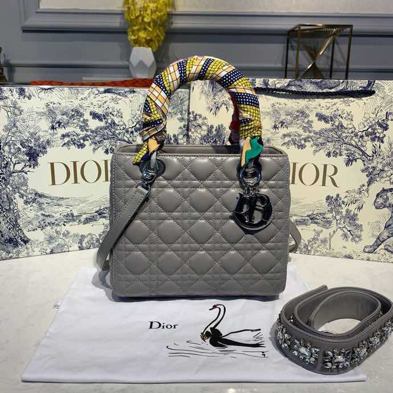 Top Quality MeTop Qualityum Lady Bag SiTop Qualityer Hardware with Embellished Bag Strap Grey For Women 9.5in/24cm CD