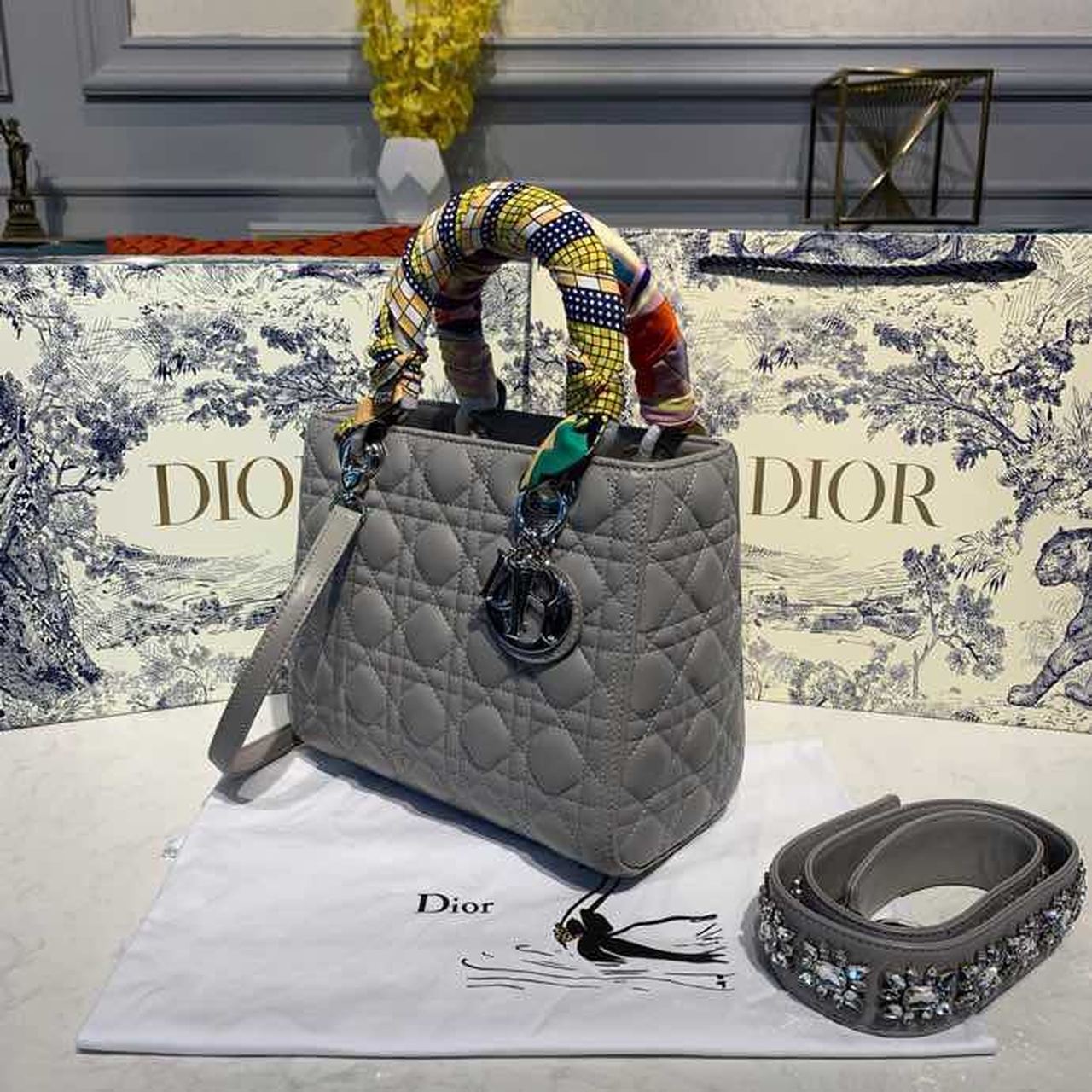 Top Quality MeTop Qualityum Lady Bag SiTop Qualityer Hardware with Embellished Bag Strap Grey For Women 9.5in/24cm CD