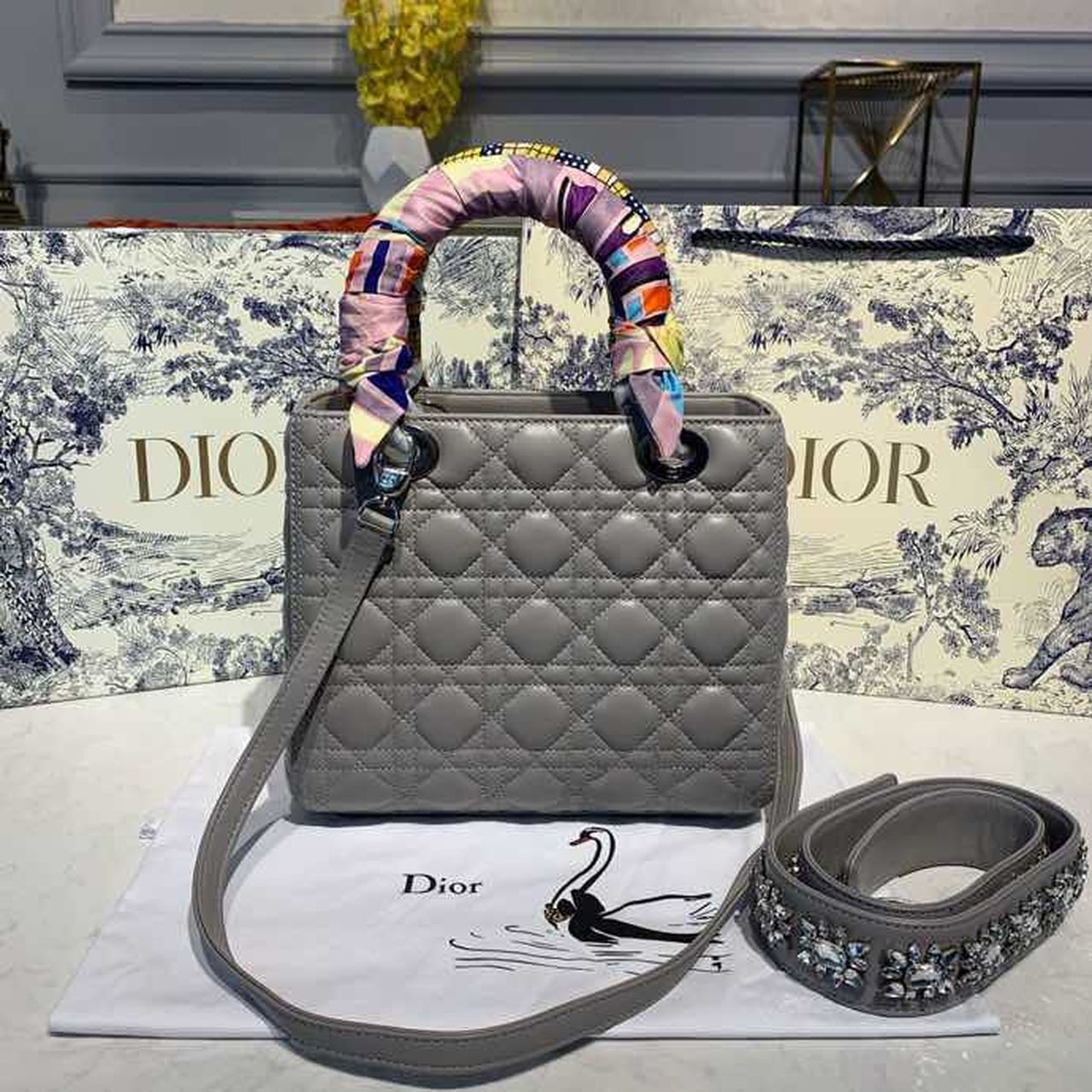 Top Quality MeTop Qualityum Lady Bag Silver Hardware with Embellished Bag Strap Grey For Women 9.5in/24cm CD