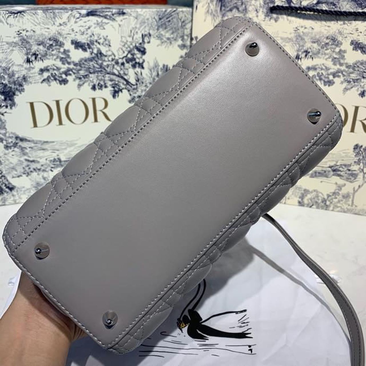 Top Quality MeTop Qualityum Lady Bag Silver Hardware with Embellished Bag Strap Grey For Women 9.5in/24cm CD