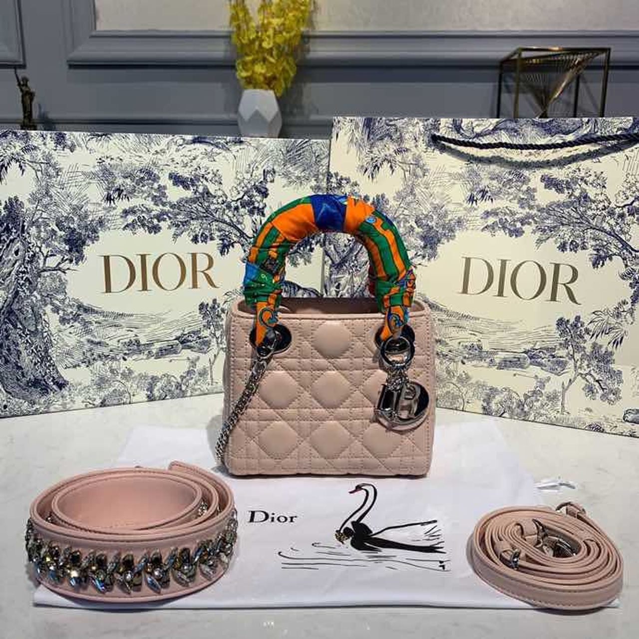 Top Quality Mini Lady Bag with Chain and Embellished Bag Strap Silver Hardware Spring/Summer Collection, Pink, For Women Womens Handbags, 18cm CD