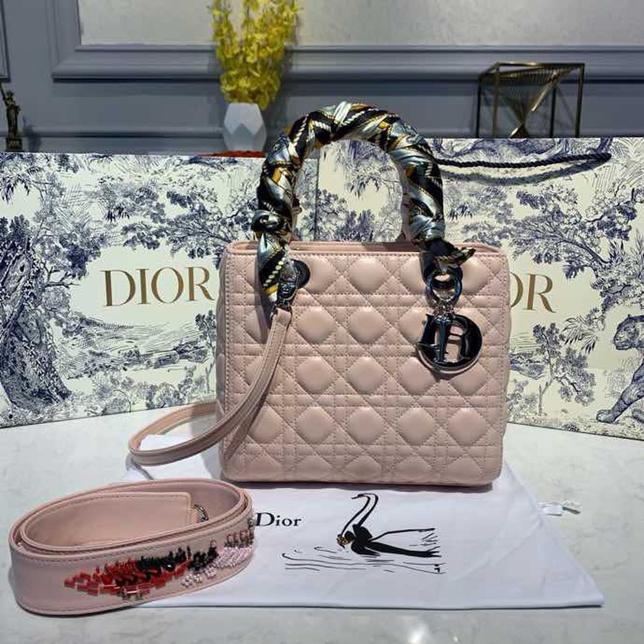 Top Quality MeTop Qualityum Lady Bag Silver Hardware with Embellished Bag Strap Pink For Women 9.5in/24cm CD