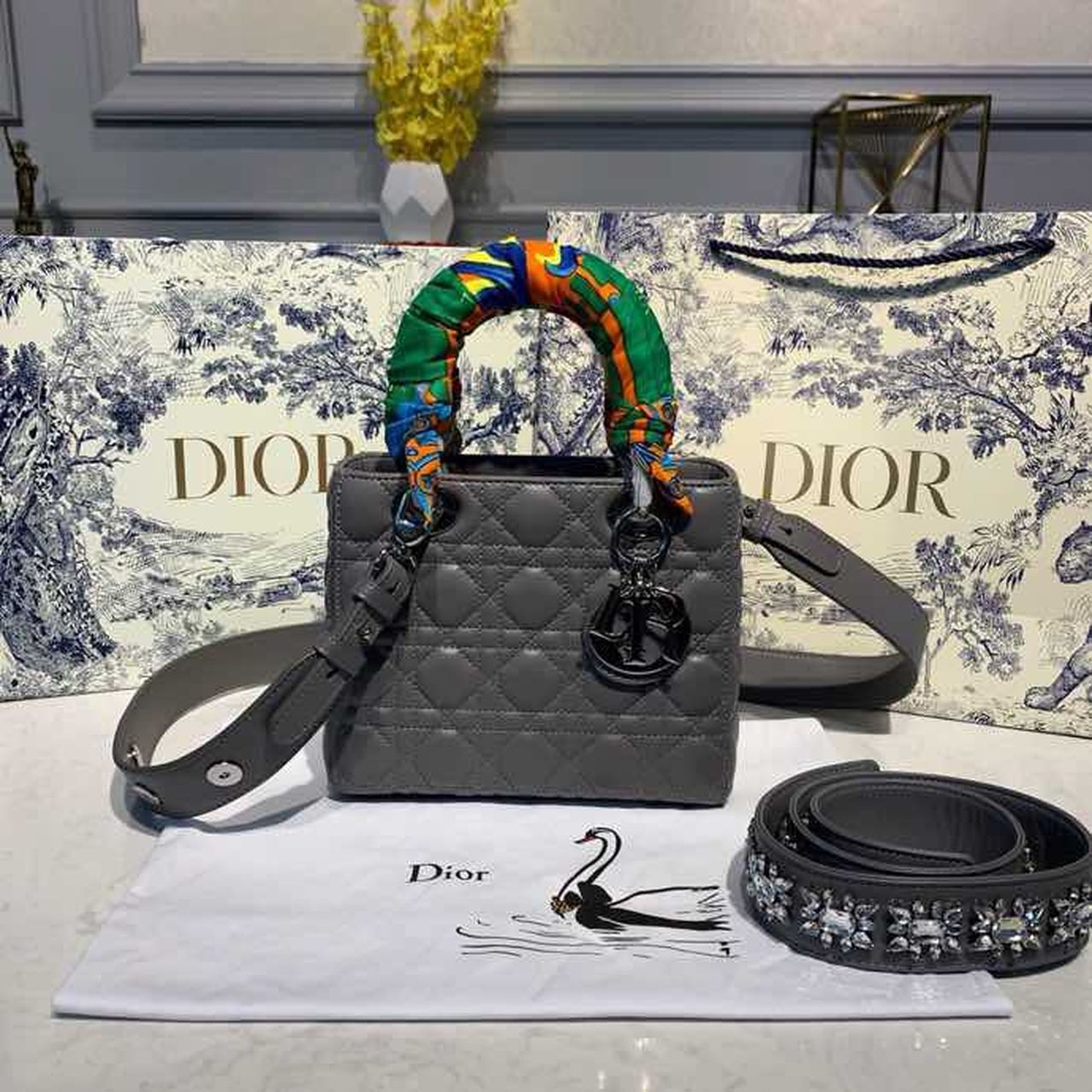 Top Quality Small Lady Bag SiTop Qualityer Hardware with Embellished Bag Strap Dark Grey For Women 8in/20cm CD