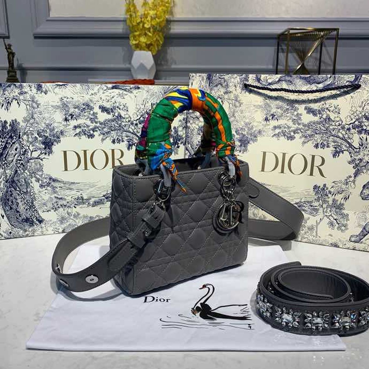 Top Quality Small Lady Bag SiTop Qualityer Hardware with Embellished Bag Strap Dark Grey For Women 8in/20cm CD